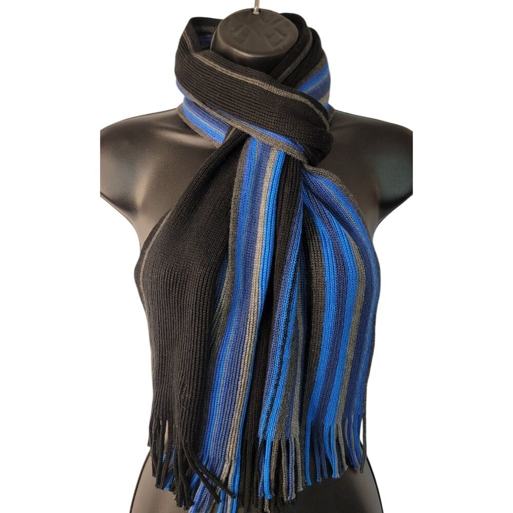 Apt. 9 Unisex Fringed Scarf Black Blue Stripes 12x64